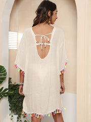 Colorful Tassel Trim Tie Back Coverup 3/4 Sleeve Sheer Dress Kaftan