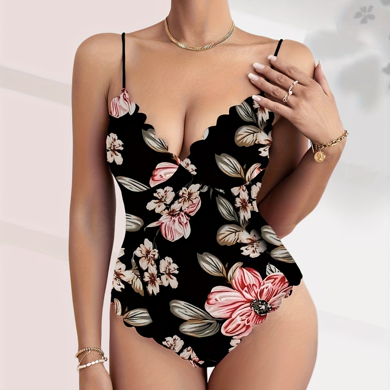 Floral Print V neck Cami Bodysuit Sexy Scallop Trim