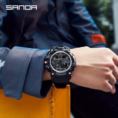 SANDA Men's Sports Watch Waterproof LED Dual Screen Multifunctional