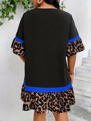 Plus Size Colorblock Leopard Print Ruffle Trim Bell Sleeve Loose Dress