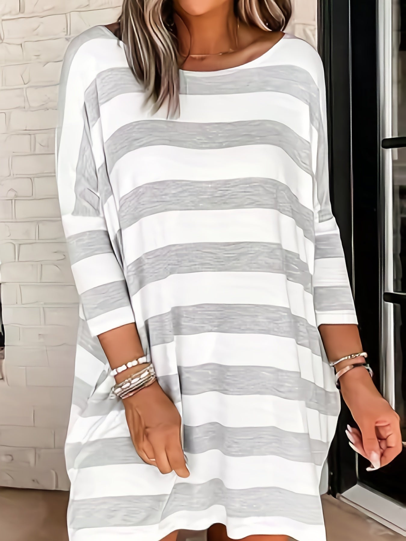 Stripe Print Long Sleeve Round Neck Mini Dress