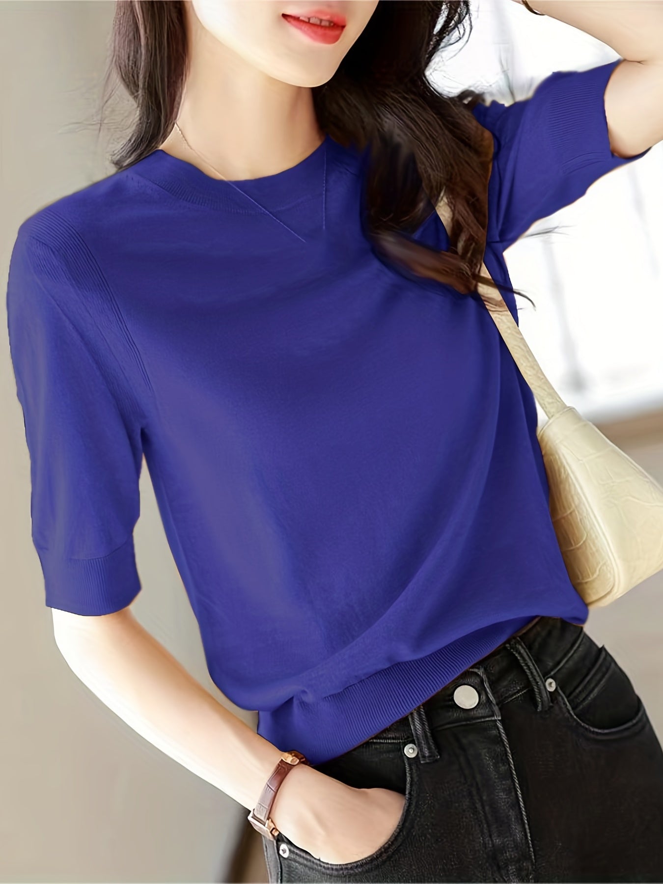 Half Sleeve Knit Sweater Crew Neck Solid Sweater For Spring & Summer