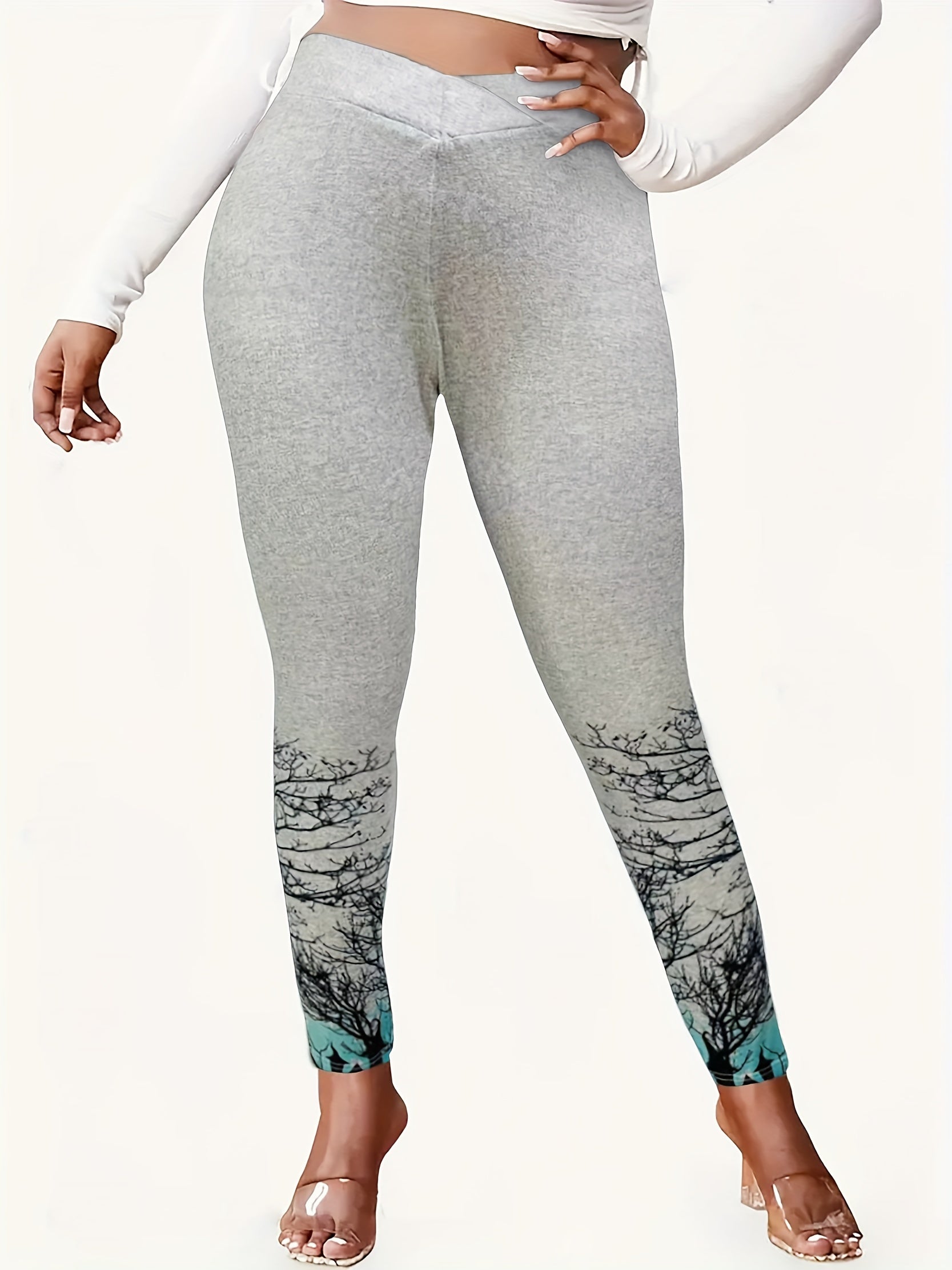 Branch Print Skinny Leggings High Waist Stretchy Leggings Women's Clothing