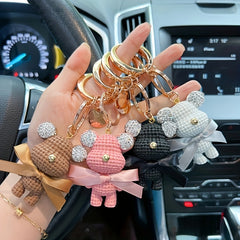 Artificial Diamond Key Chain with Rhinestone Woolen Bear Inlay