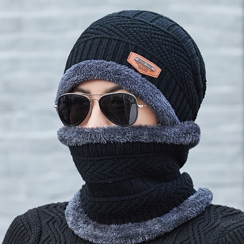 2pcs Men's Woolen Knit Hat & Neck Warmer Set