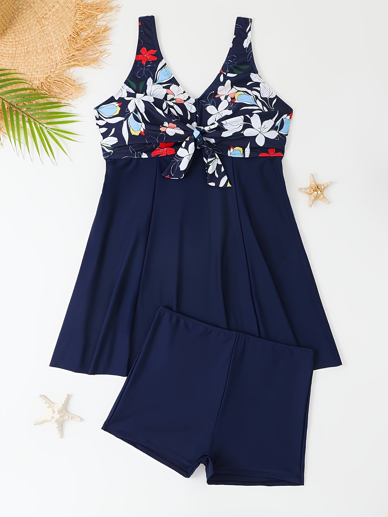 Floral Print Tankini Set with Tie Front Tank Dress & Shorts