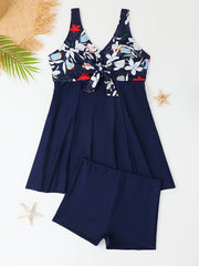 Floral Print Tankini Set with Tie Front Tank Dress & Shorts