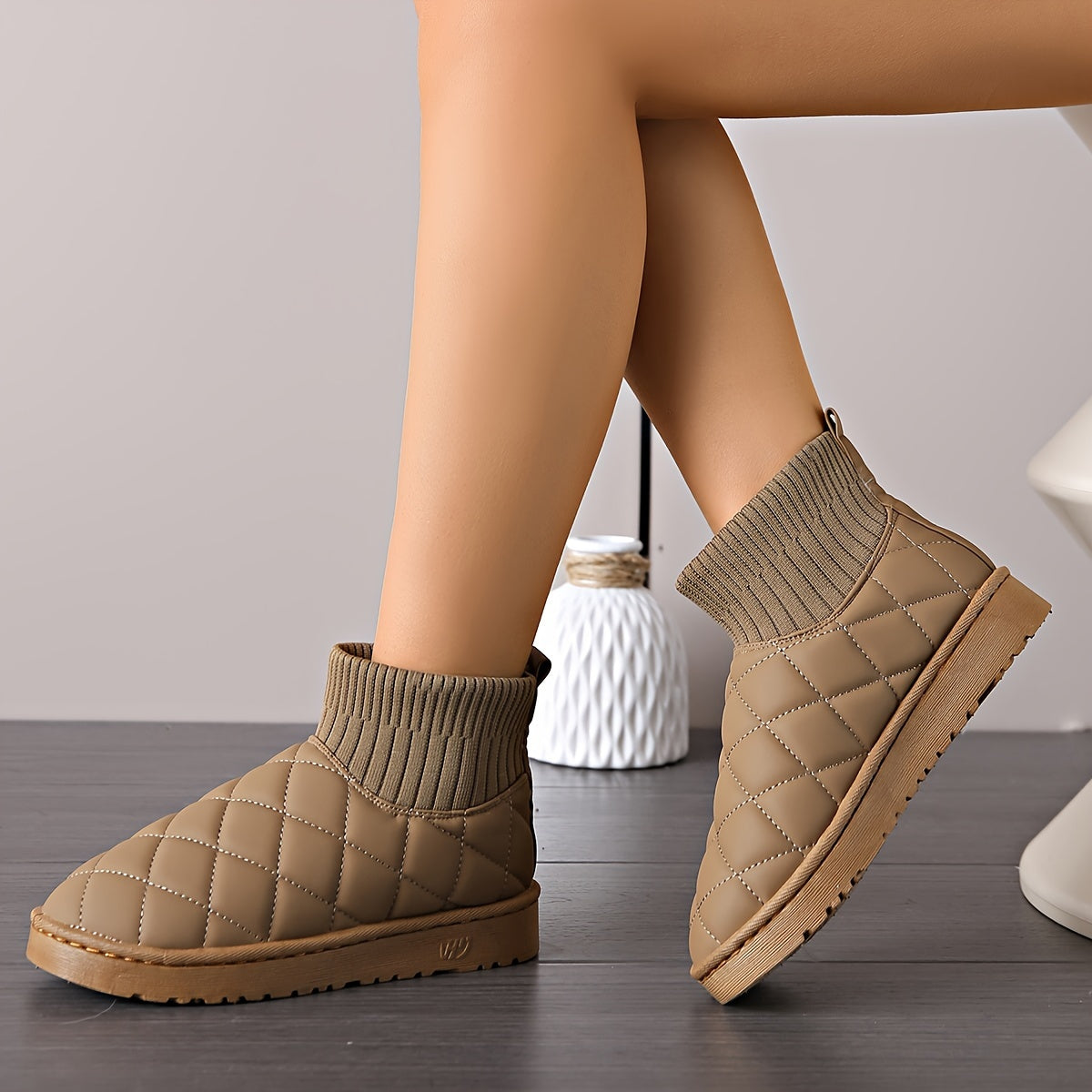 Women's Argyle Quilted Snow Boots Thermal Outdoor Slip On Shoes