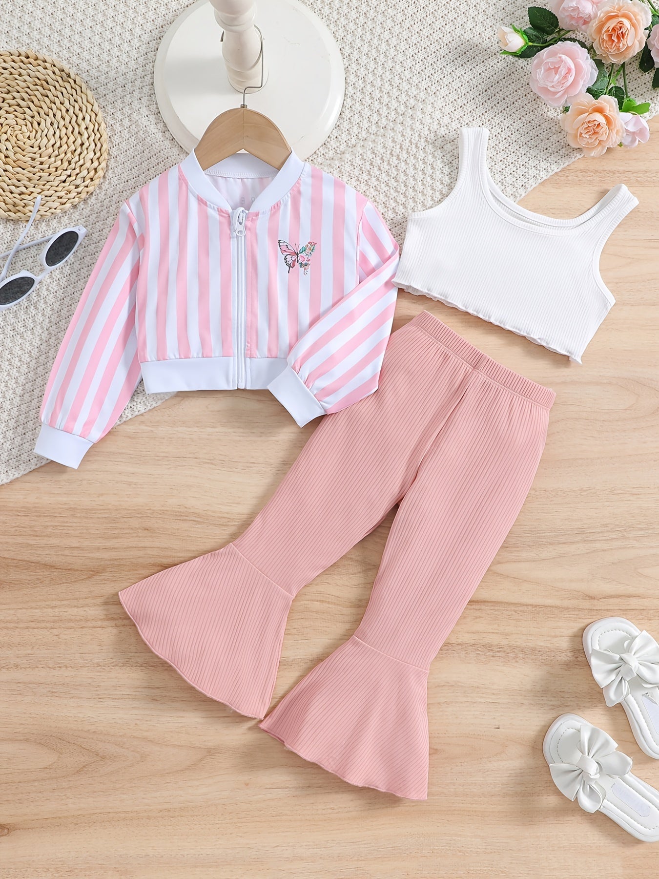 Girls Sleeveless Crop Tank Top Pants Striped Butterfly Jacket Set