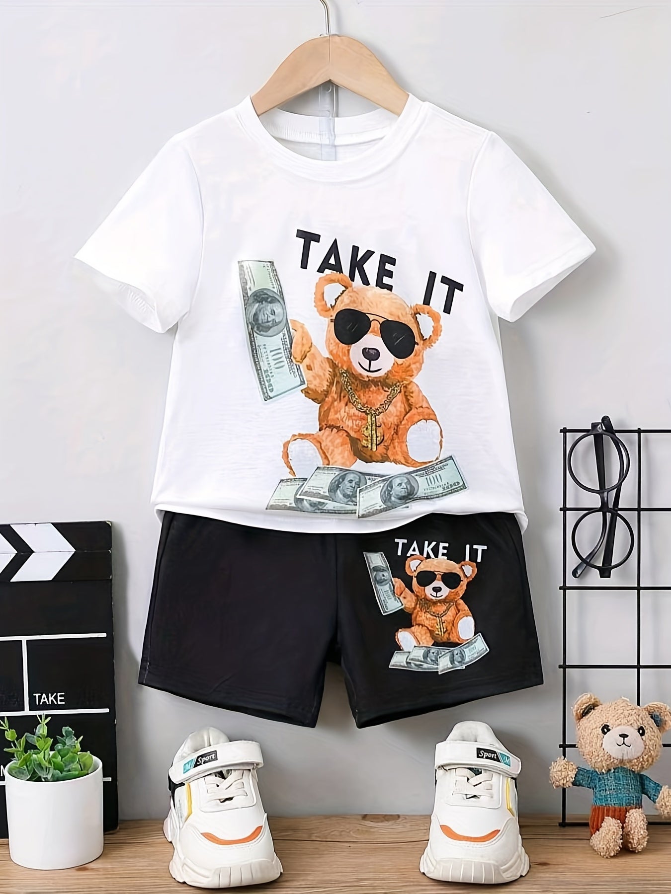 Sunglasses Bear Pattern Boy's 2pcs T shirt & Shorts Set