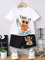 Sunglasses Bear Pattern Boy's 2pcs T shirt & Shorts Set