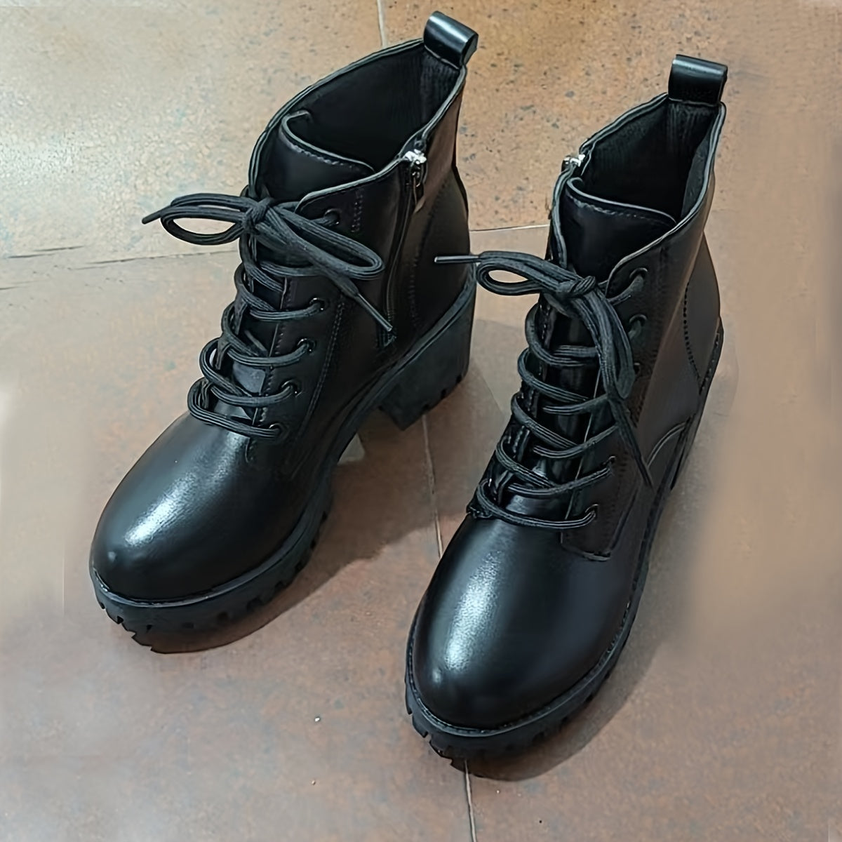 Women's Platform Block Heel Combat Boots Side Zipper