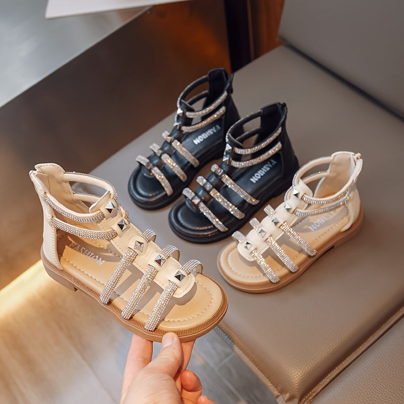 Girls Rhinestone Open Toe Sandals, Breathable Non-slip Summer Shoes
