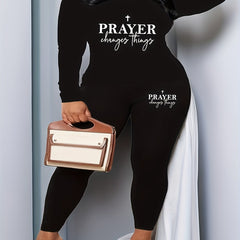 Women's Plus Cross & Letter Print Tee & Pants Outfits 2 Piece Set