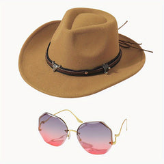 Western Cowboy Hat Glasses Set Belt Decor Fedora Cap & Gradient Sunglasses
