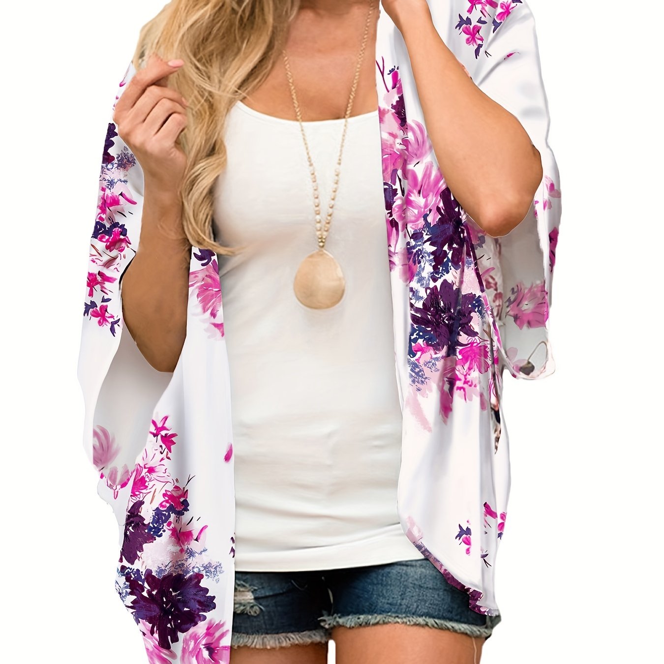 Floral Print Half Sleeve Open Front Cardigan