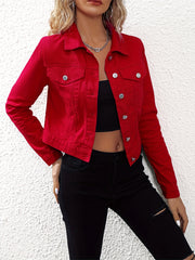 Red Long Sleeves Denim Jacket Slim Fit Single Breasted Button Lapel