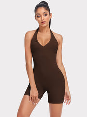 Women's Halter Neck Workout Bodysuit Sleeveless Tank Short Yoga Running