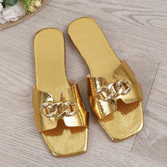 Women's Metallic Chain Decor Sandals Square Toe Slip On Non-slip Slides Shoes