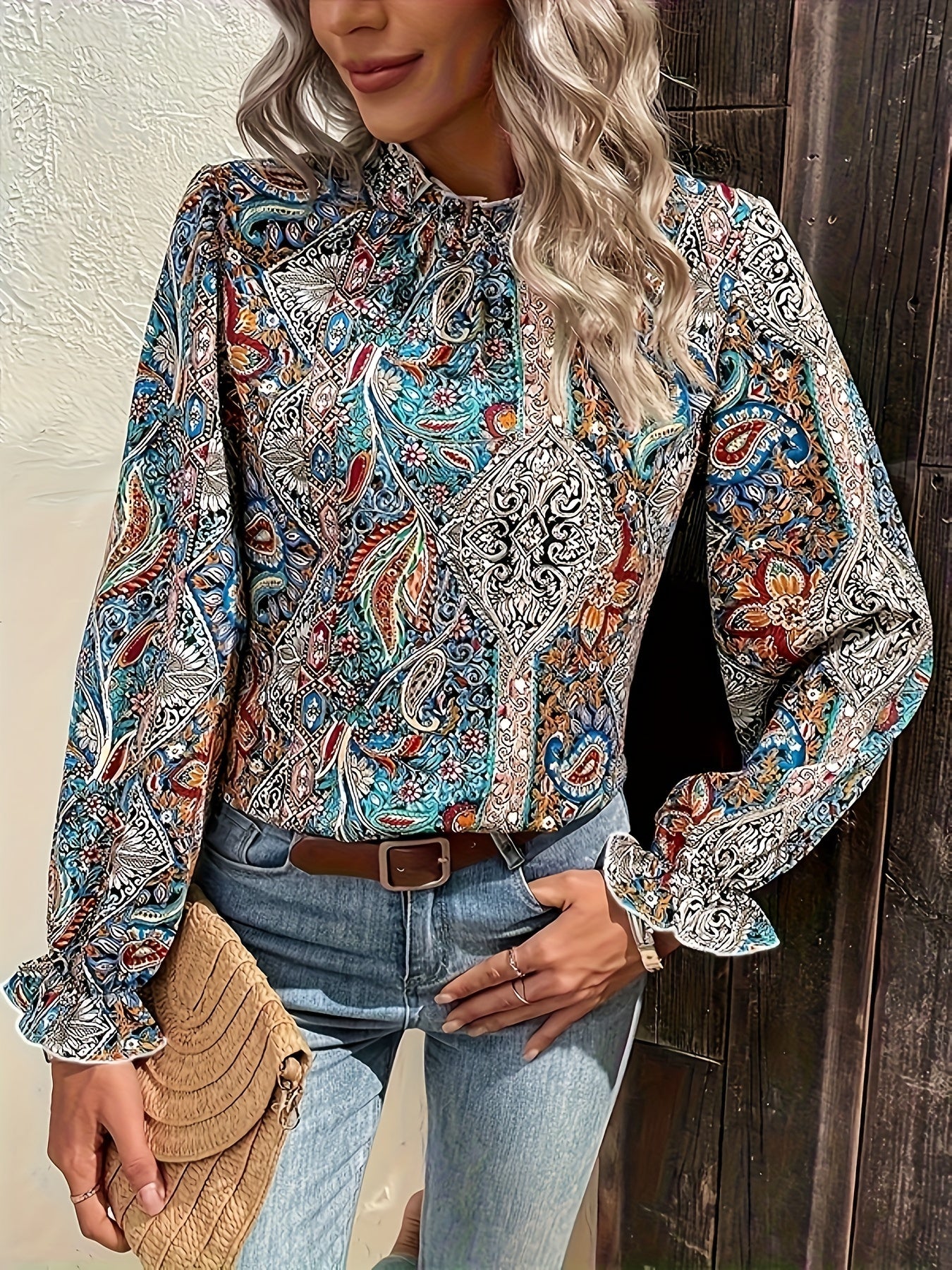 Boho Blouse Women's Paisley Floral Print Ruffle Trim Sleeve