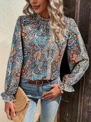Boho Blouse Women's Paisley Floral Print Ruffle Trim Sleeve