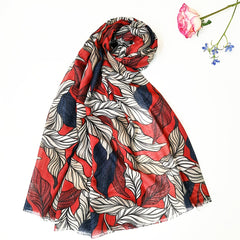 Vintage Red Leaves Print Scarf Classic Shawl Frayed Edge