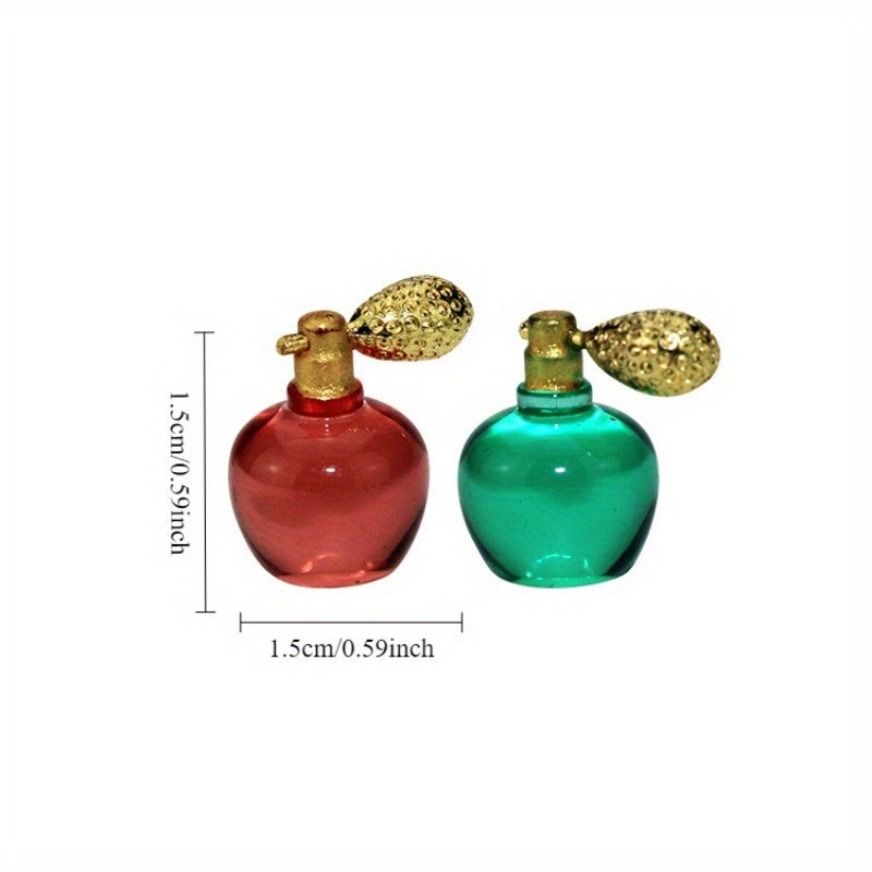 Miniature Red & Green Perfume Bottles with Golden Caps for Dollhouse Decor