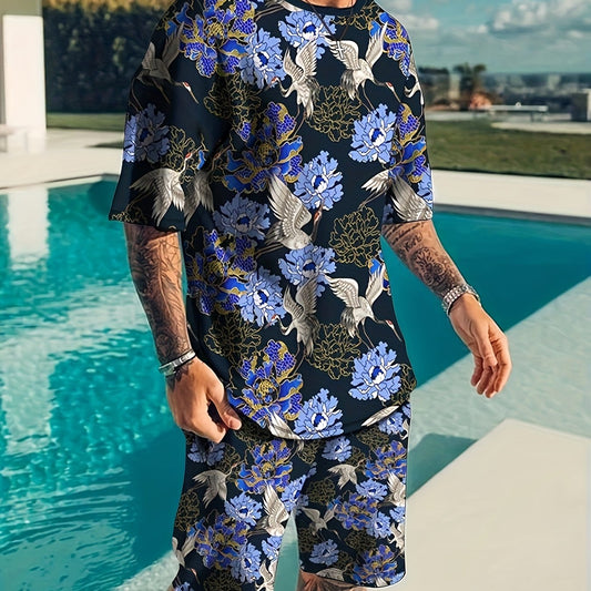 Crane And Flower Print Men's 2 Piece Outfits Casual Short Sleeve T-shirt And Sho