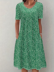 Boho Floral Print Dual Pockets Dress Short Sleeve Women's