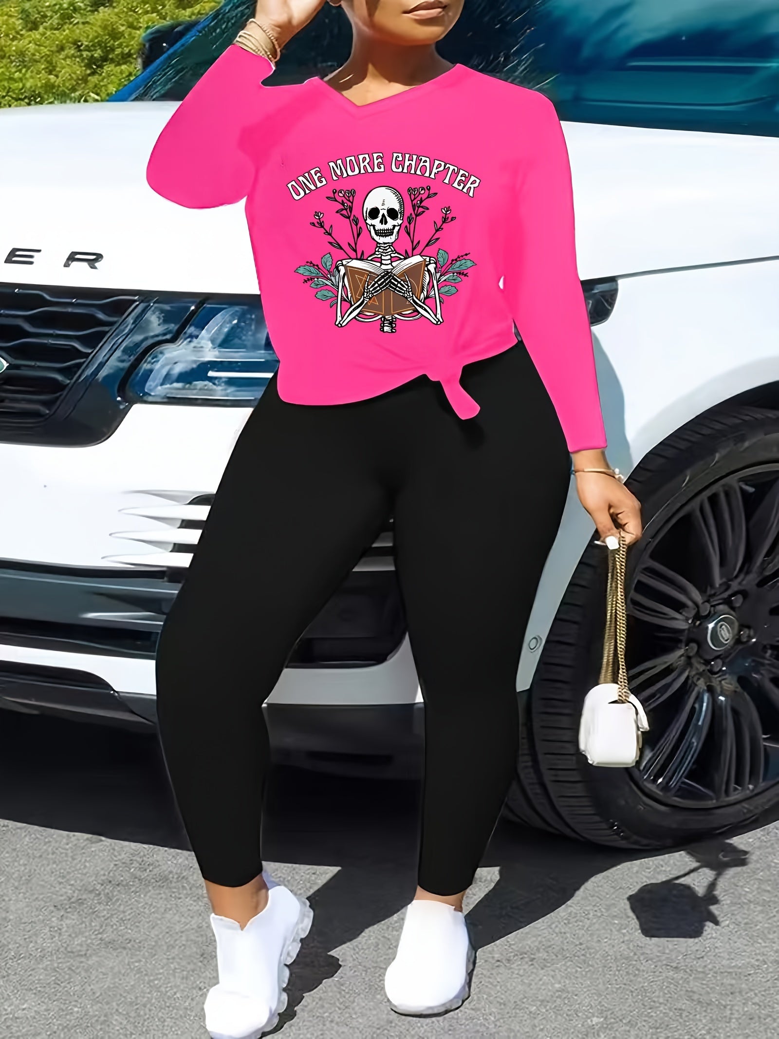 Women's Plus Skull & Slogan Print 2 Piece Set