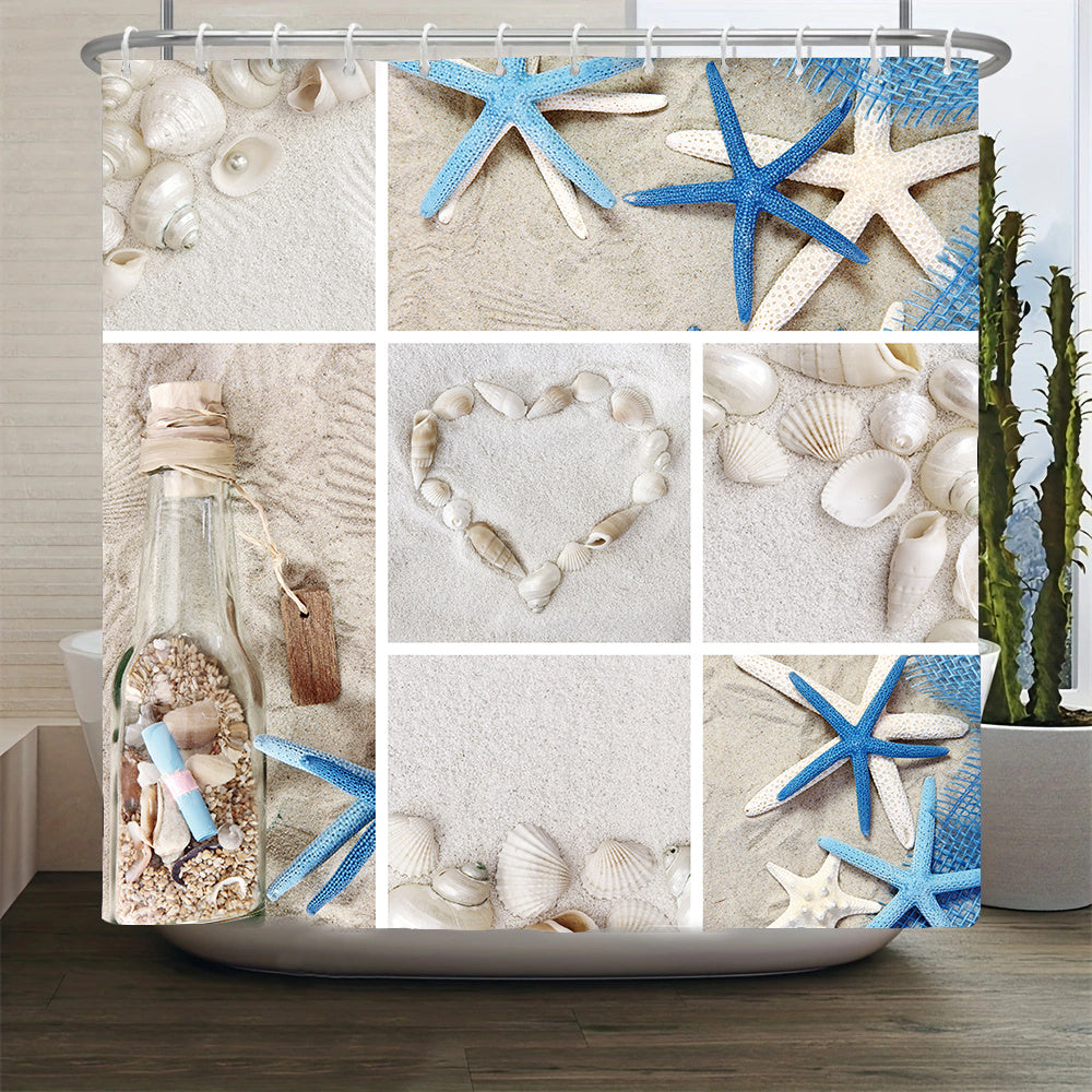 3pcs Starfish Shower Curtain & Bath Mat Set with Shell Ocean Beach Print