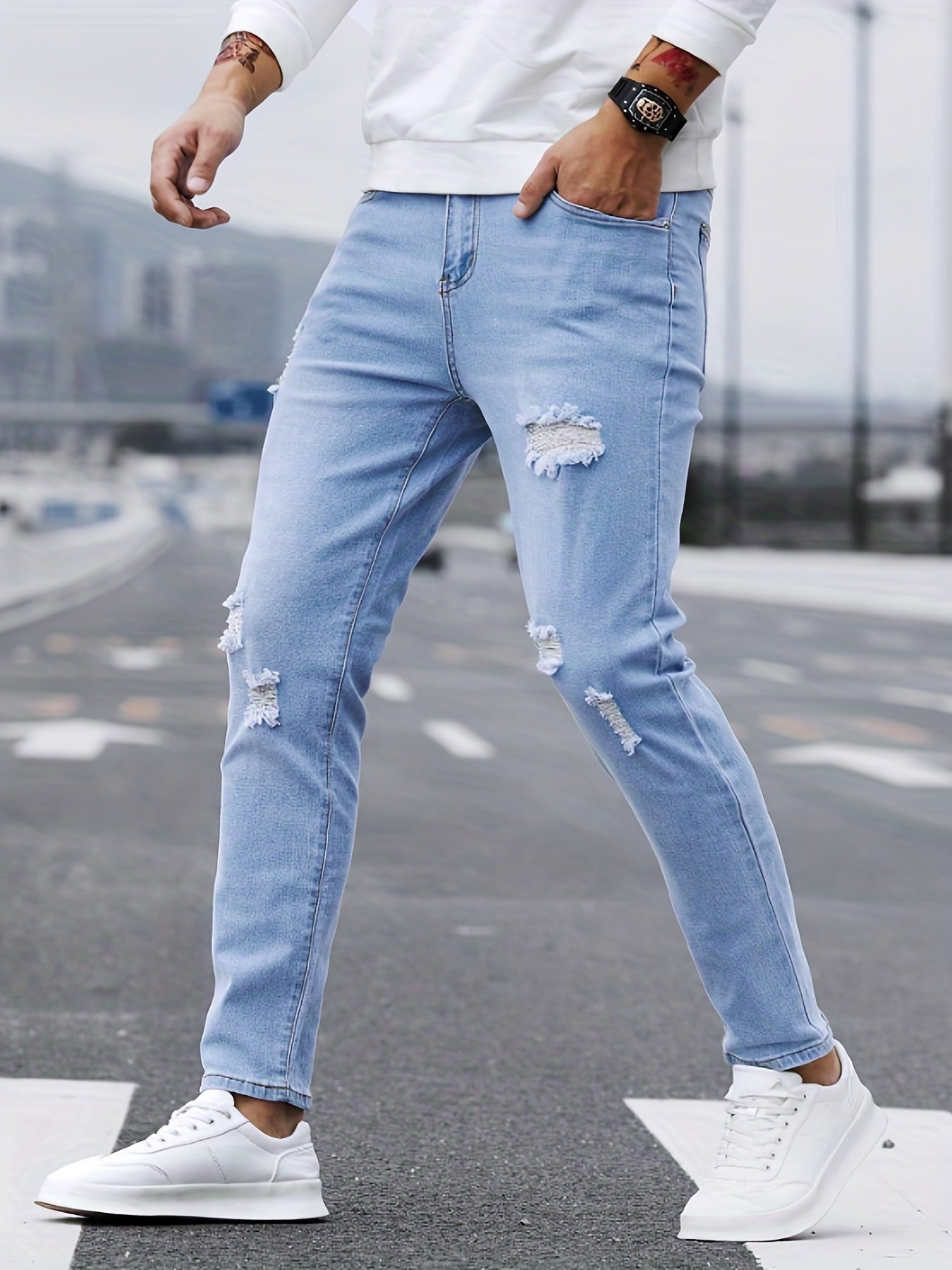Slim Fit Ripped Jeans Men Casual Street Style Distressed Denim Pants