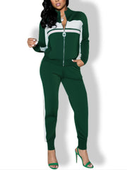 Casual Contrast Pantsuits Set Long Sleeve Zipper Sweatshirt & Loose Pants