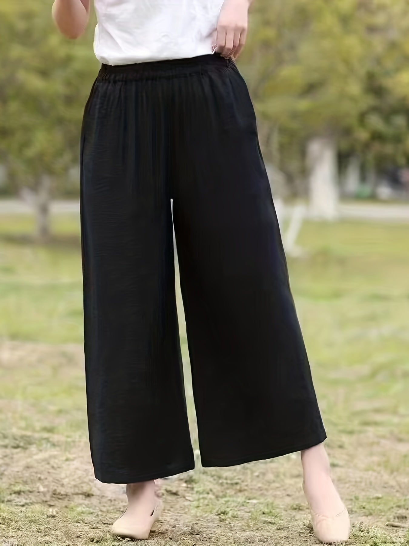 Solid Elastic Waist Wide Leg Pants Casual Pocket Pants