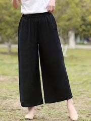 Solid Elastic Waist Wide Leg Pants Casual Pocket Pants