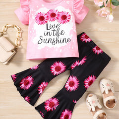 Girls Pink Sunflower Print Ruffles T-Shirt & Flare Leg Pants Set