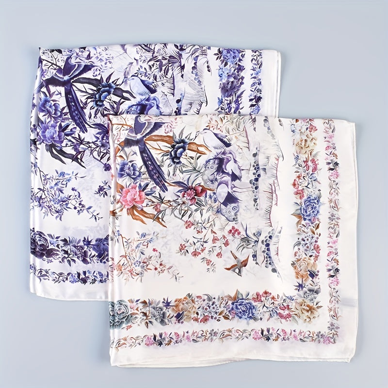 Floral Bird Print Silk Square Scarf Neckerchief