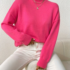 Solid Mock Neck Knit Sweater Drop Shoulder Long Sleeve Women's Clothing