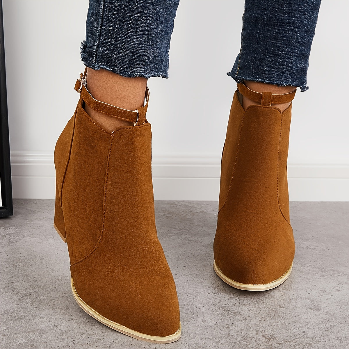 Women's Chunky High Heel Ankle Boots Pointed Toe Buckle Strap Back Zipper Shoes