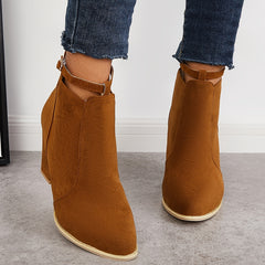 Women's Chunky High Heel Ankle Boots Pointed Toe Buckle Strap Back Zipper Shoes
