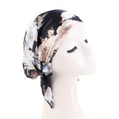 Flower Print Satin Turban Cap for Women Elastic Headwrap Hijab Headband