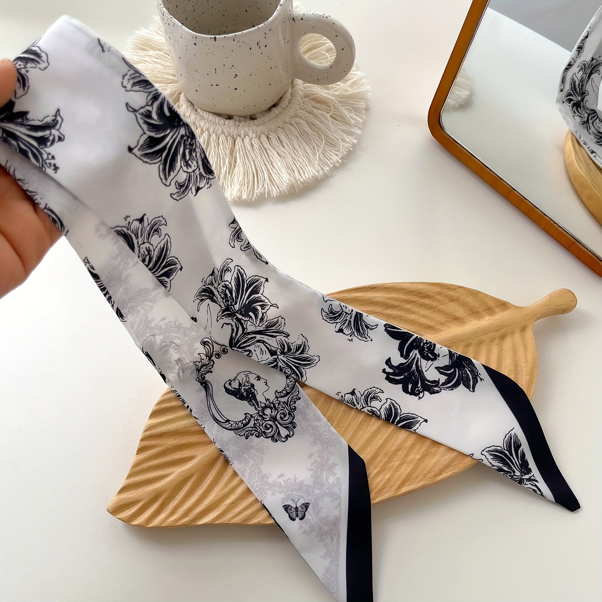 Plant Print Skinny Scarf Silky Long Ribbon Neckerchief Satin Twilly Scarf