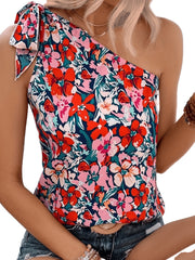 Floral Print One Shoulder Top Tie Strap Sleeveless Summer Blouse
