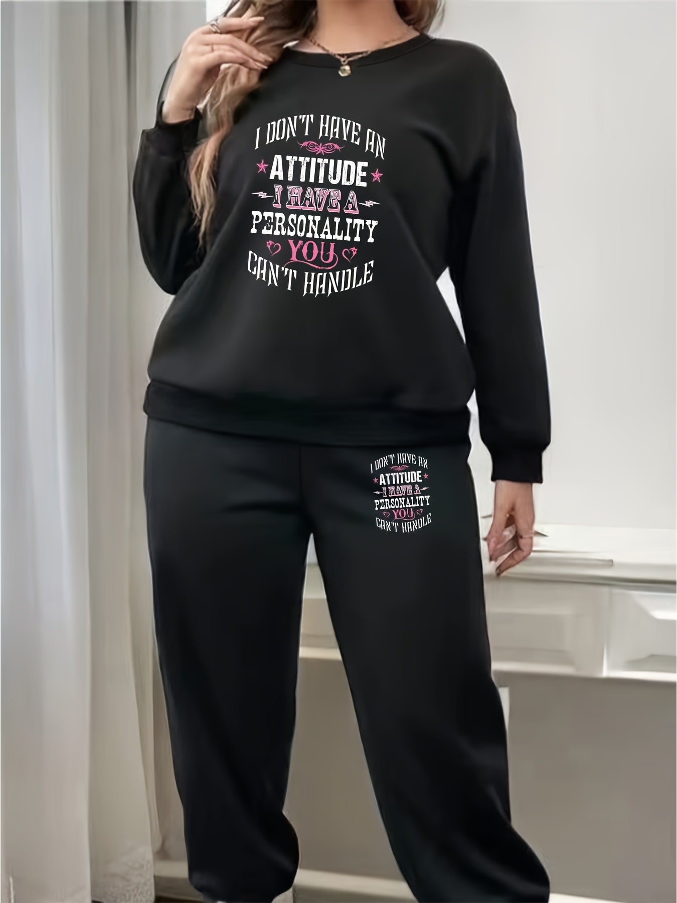 Women's Plus Slogan Print Fleece Sweatshirt & Jogger Sweatpants Set