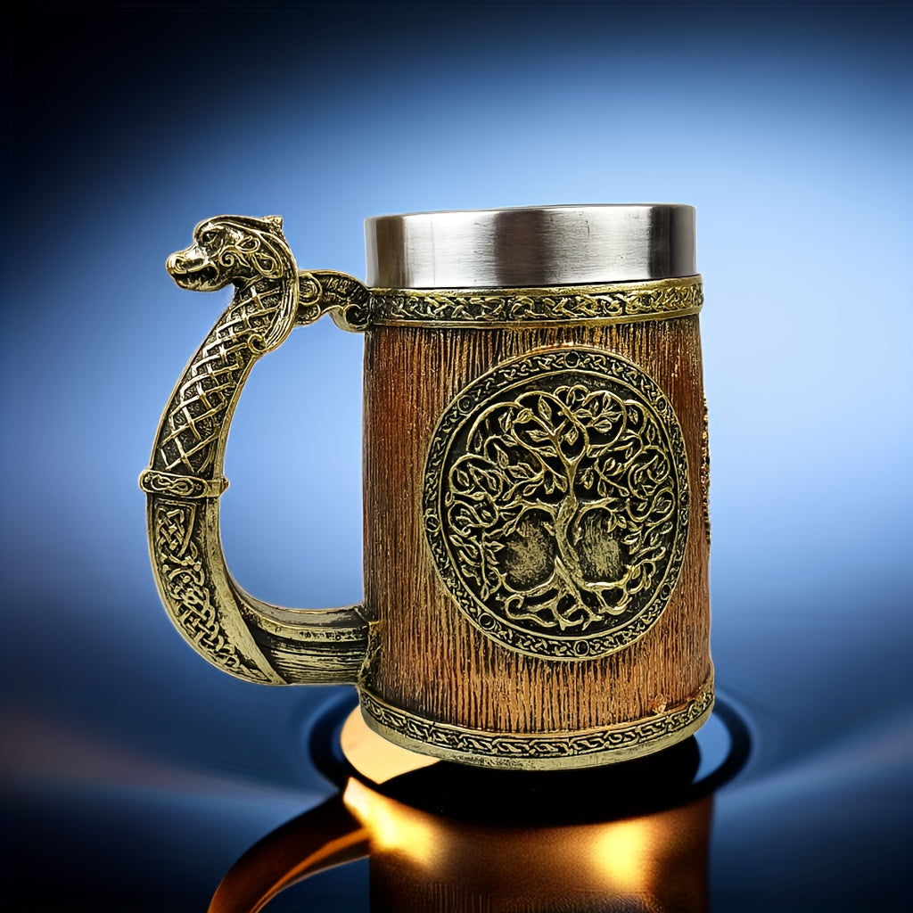 Yggdrasil Tree of Life Steel Coffee Mug Insulated with Serpent Handle