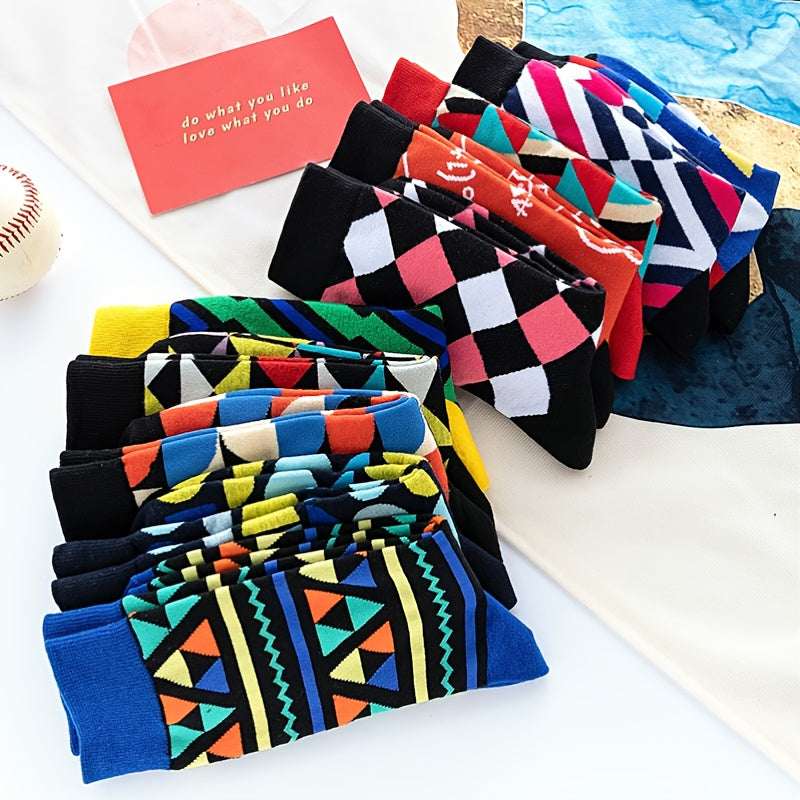 Men's Geometric Pattern Cotton Socks for Outdoor Travel