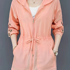 Embroidered Hooded Jacket Zip Up Drawstring Outerwear