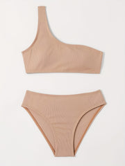 Girl's Ribbed Bikini Set One Shoulder Tank Top & Briefs