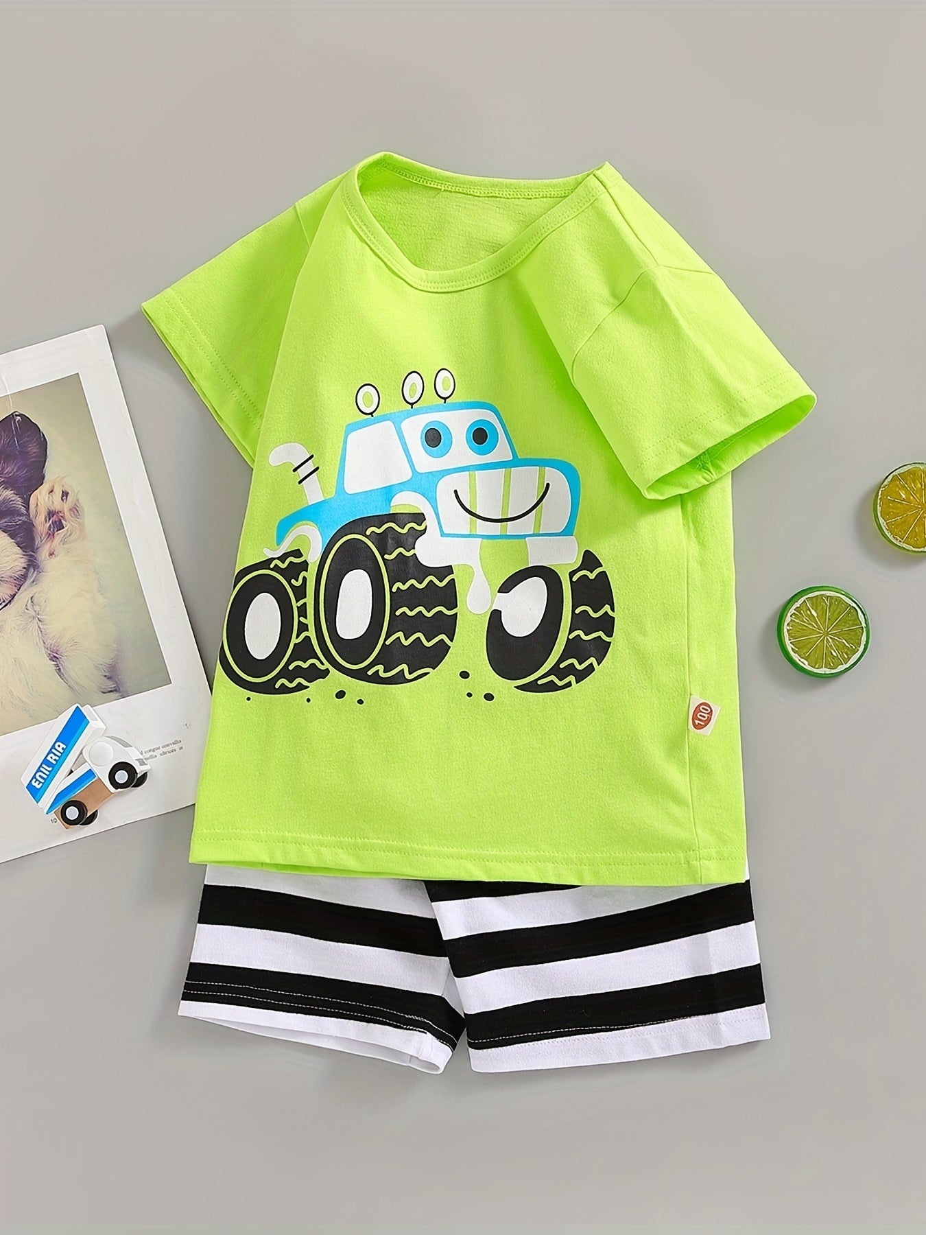 Boys Off-road Vehicle T-shirt & Striped Shorts Set