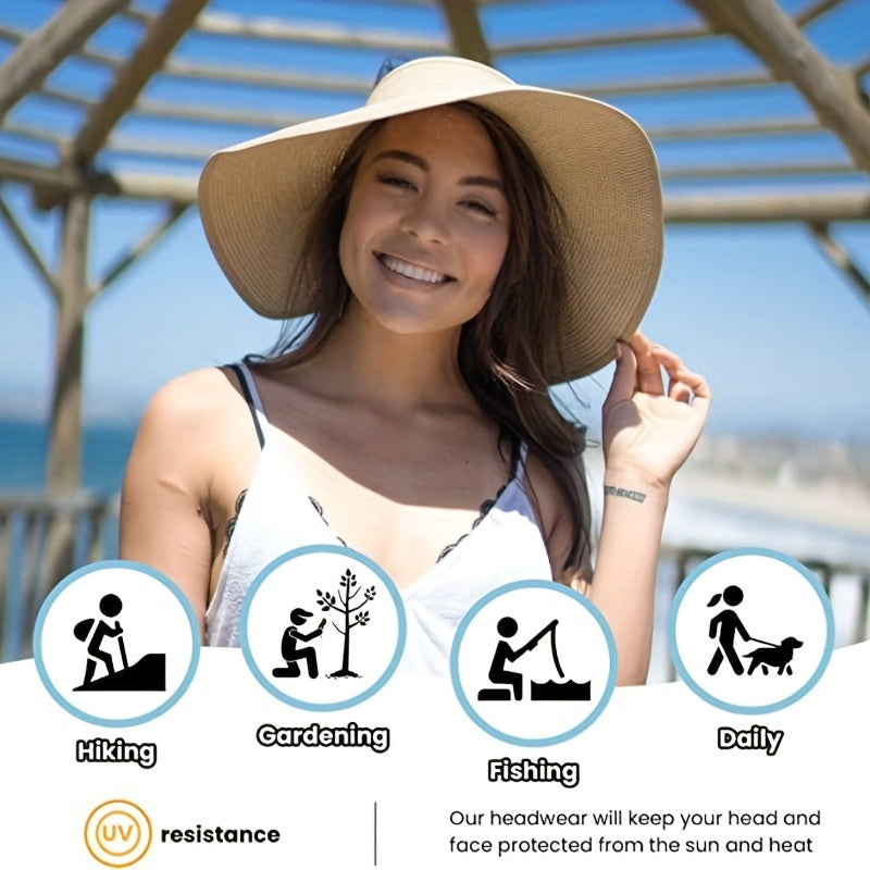 Foldable Ponytail Sun Visor Hats UV Protection Wide Brim Straw Beach Hat